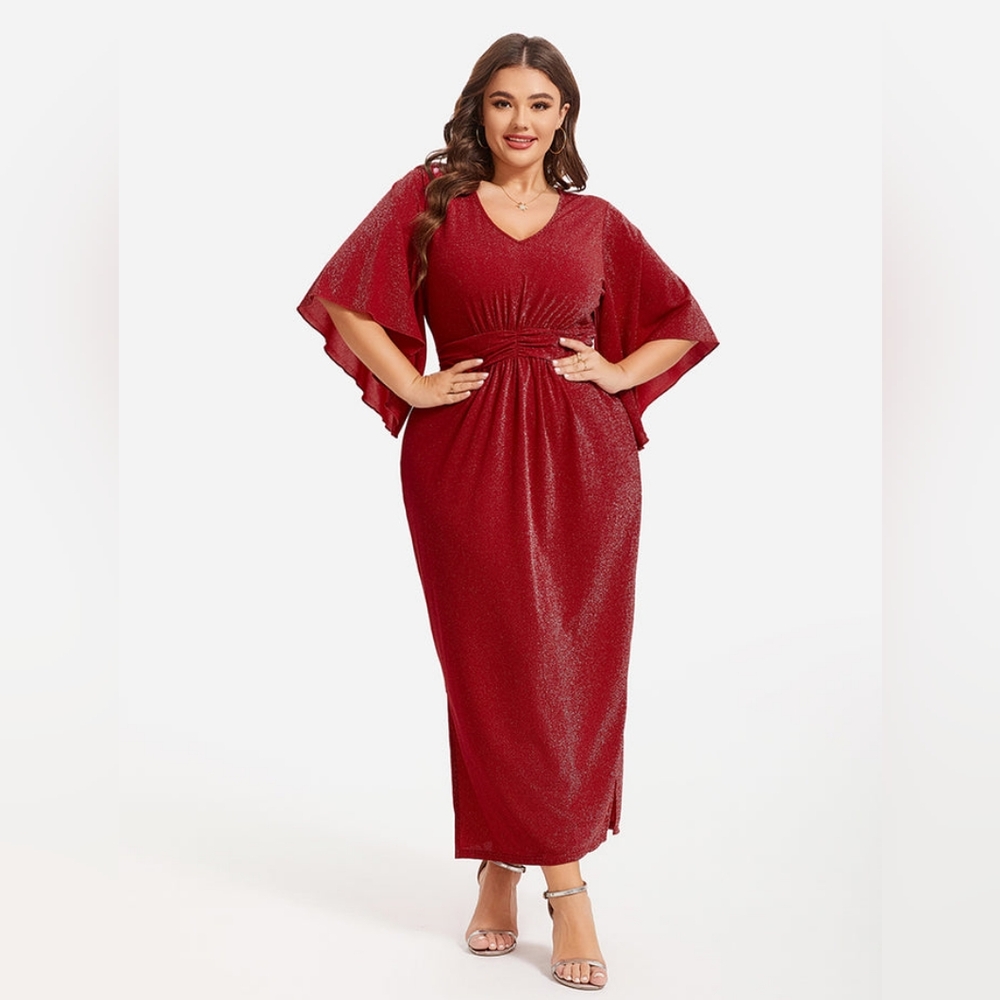 Flare Sleeve Ruched Waist Glitter Maxi Dress